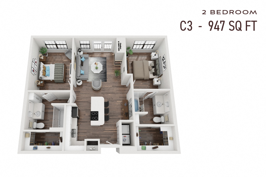 Floor plan for 2 beds, 2 baths, 947 sqft